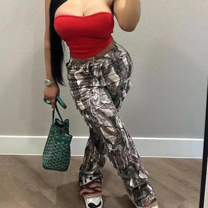 Women Cargo Pants Straight Trousers Vintage Print High Waist Stretch Button Multiple Pockets Female Bottoms Streetwear 2025
