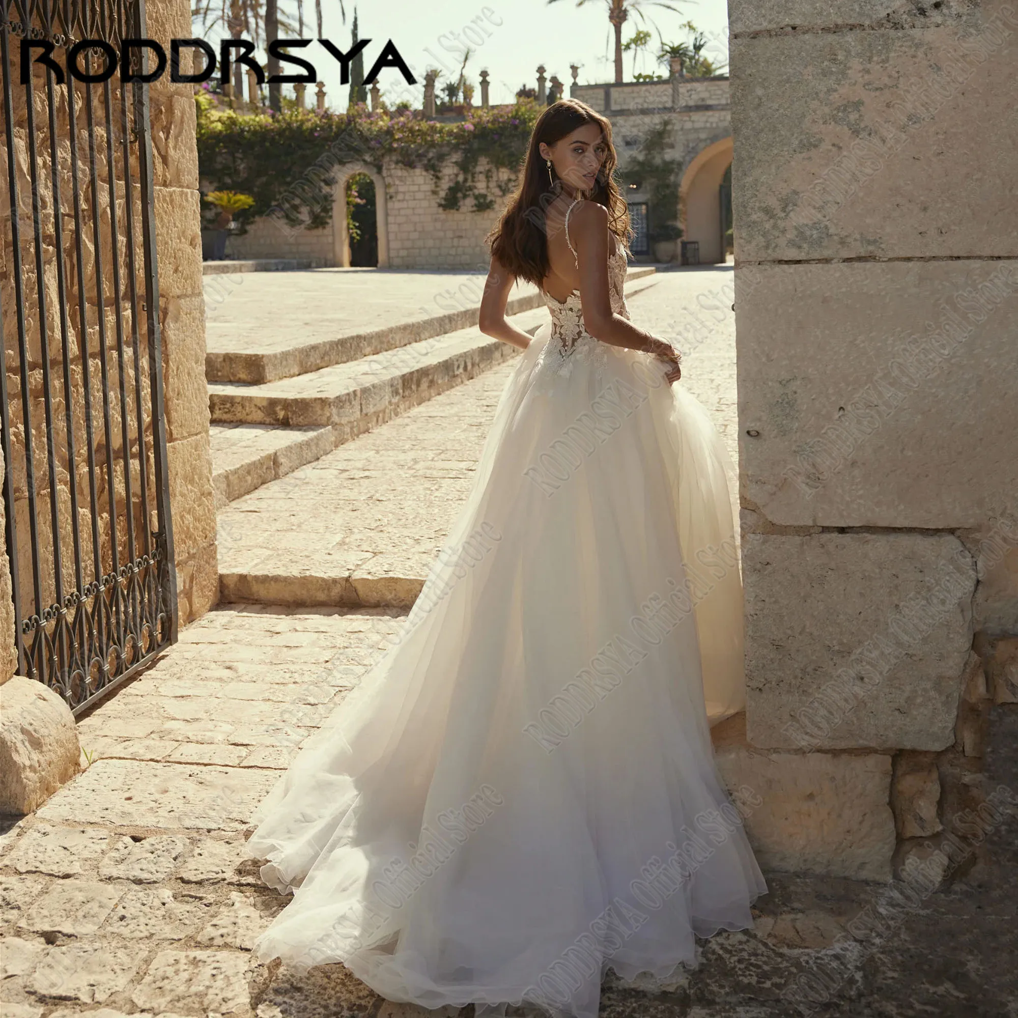 RODDRSYA Backless Boho Wedding Dress 2024 Bride Beading A-Line Spaghetti Straps Vestidos De Novia Applique V-Neck Tulle Custom