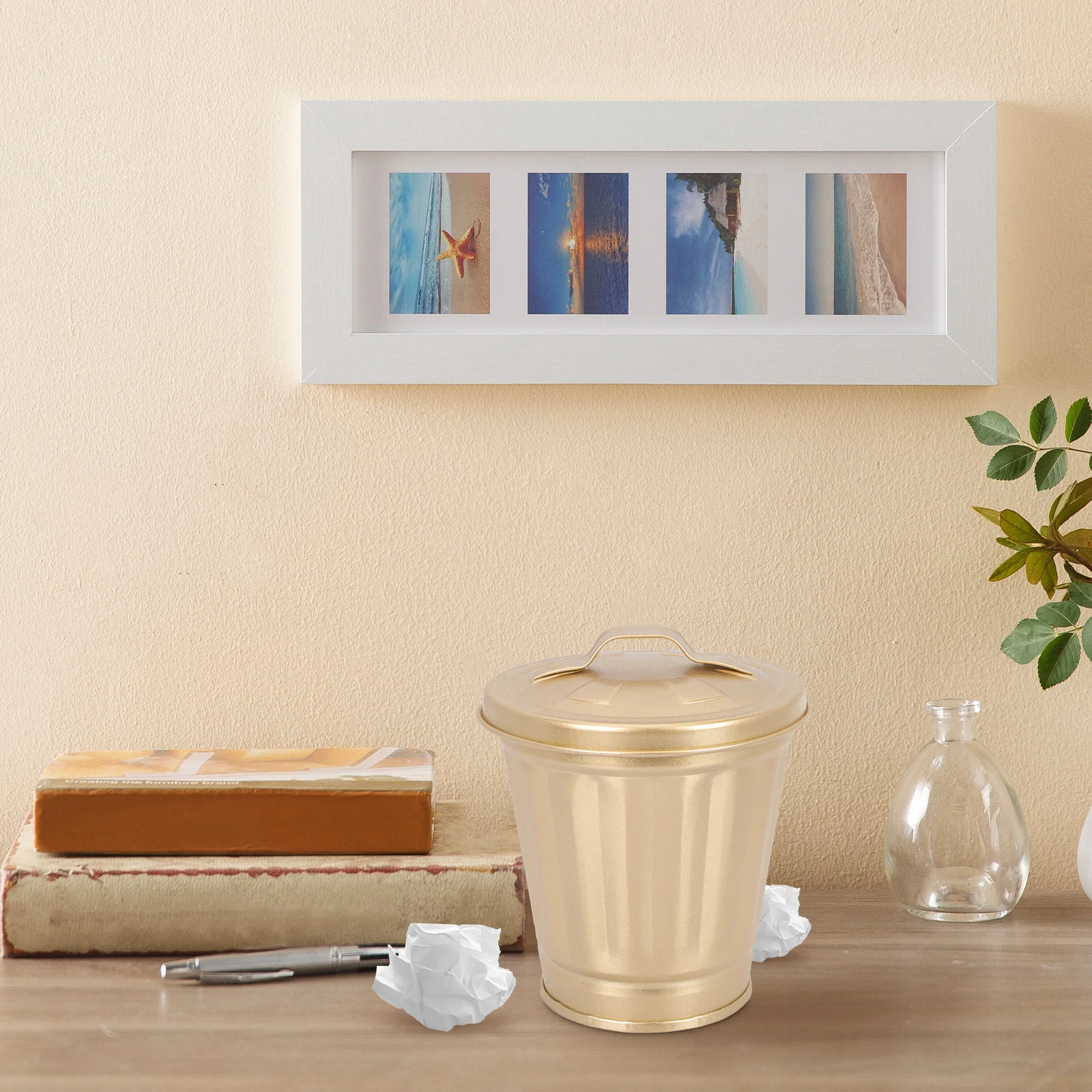 

2Pcs Mini Trash Can Desktop Iron Garbage Holder Kitchen Bedroom Living Room Storage Can Lid Waste Paper Bin R om Color