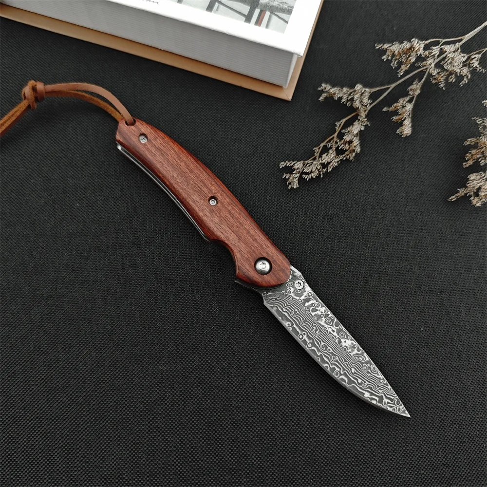 VG10 Damascus Steel Blade Flipper Assisted Folding Knife Wooden Handle Tactical Knives Outdoor Hunting Pocket Knife EDC Tool