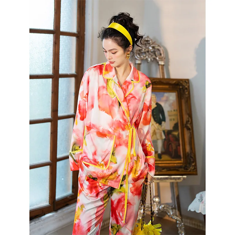 

Abstract Watercolor Women Pajamas Suit Loose Lace-up Suit Collar Long-sleeved Trousers Sleepwear Two-piece Home Clothes Pijamas