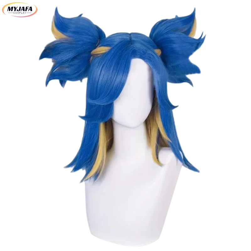 Game Valorant Neon Cosplay Short Blue Mix Blond With 2 Clip Ponytails Heat Resistant Synthetic Hair Role Play Wigs Wig MN4