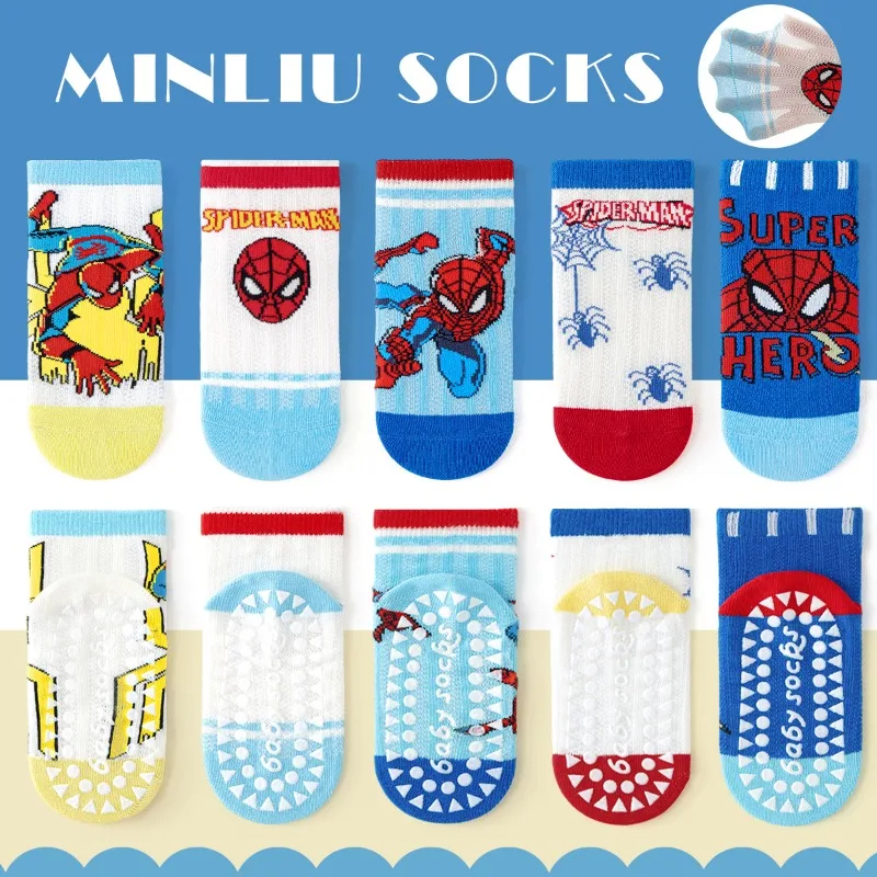 5 пар милых детских нескользящих носков с рисунком Человека-паука для маленьких мальчиков и девочек, удобные дышащие тонкие носки для детей, подарки