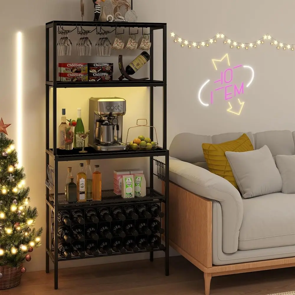 

Wine Rack reestanding loor, Wine Bar Cabinet w/Power Outlet & RGB Light, Glass & Mug Holders, 24 Bottle Holders & 8 Hooks, Indus