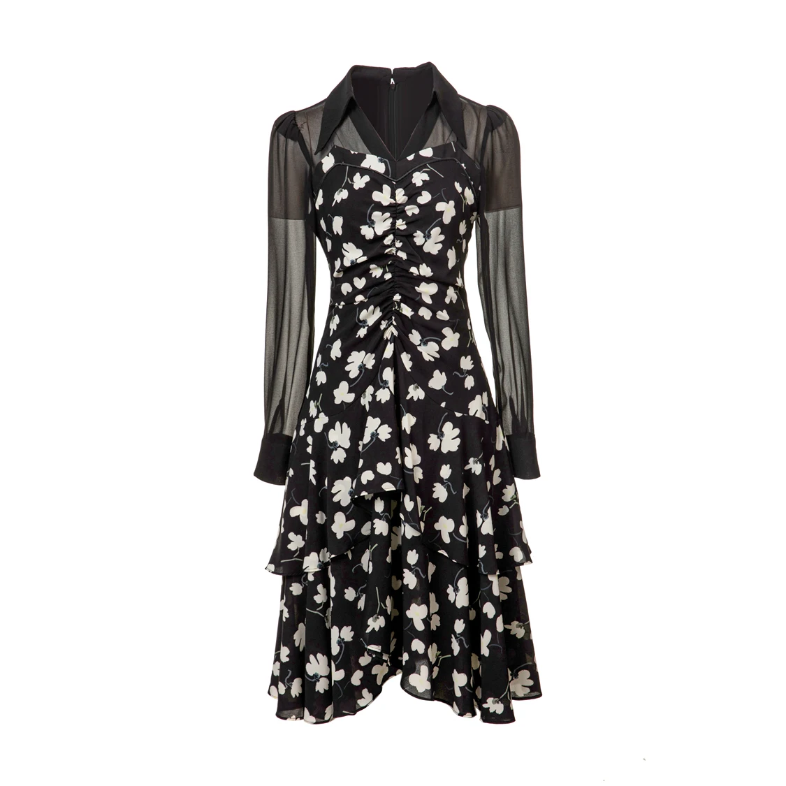 Vestido feminino sexy decote em v mangas compridas floral impresso em camadas babados elegante alta rua moda meados vestidos