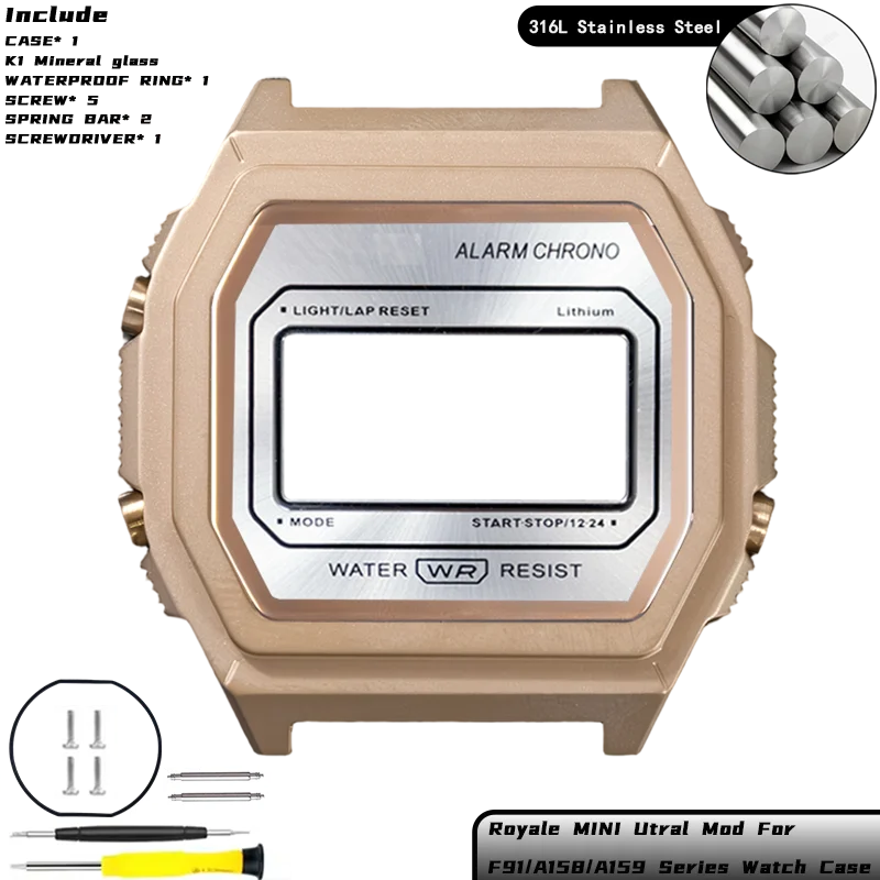 Royale Ultra Mod für CASIO F-91/A158/A159 Uhrengehäuse 316L Edelstahl K1 Mineral Poliert Gebürstetes Mattes Gehäuse Sunray Zifferblatt-Set – Detail 13