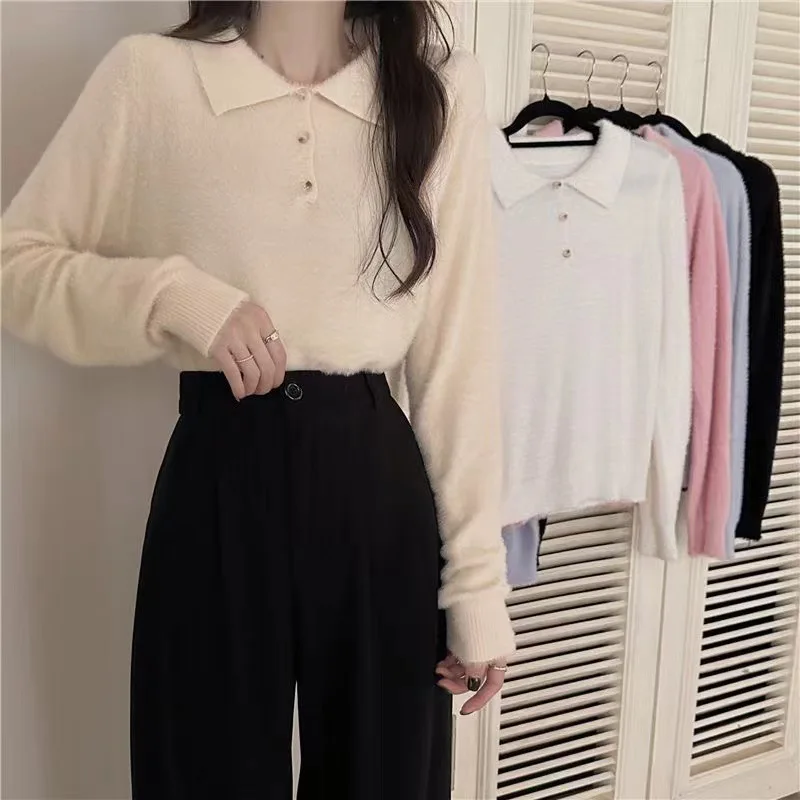 

Long Sleeve Knitwear Lady Autumn and Winter Temperament Thin Gentle Fashion Polo Collar Bottom Shirt Woman Solid Pullover B198