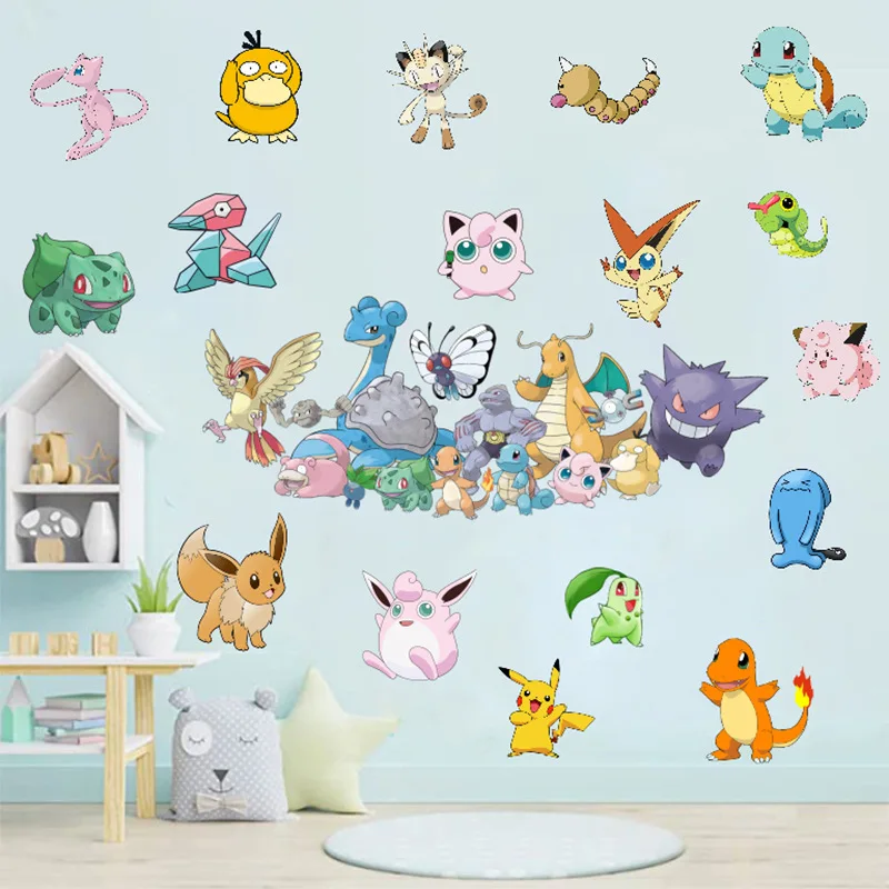 Novo pokemon animação dos desenhos animados adesivo de parede pikachu 3d adesivo quarto das crianças pvc decorativo pokémon pintura de parede