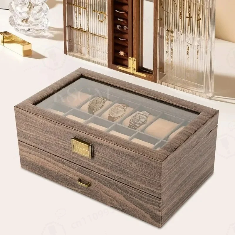 2 Tier Wooden Watch Box with 6 or 24 Compartments Large Capacity Watch Storage Case Organizer Holder for Men and Women