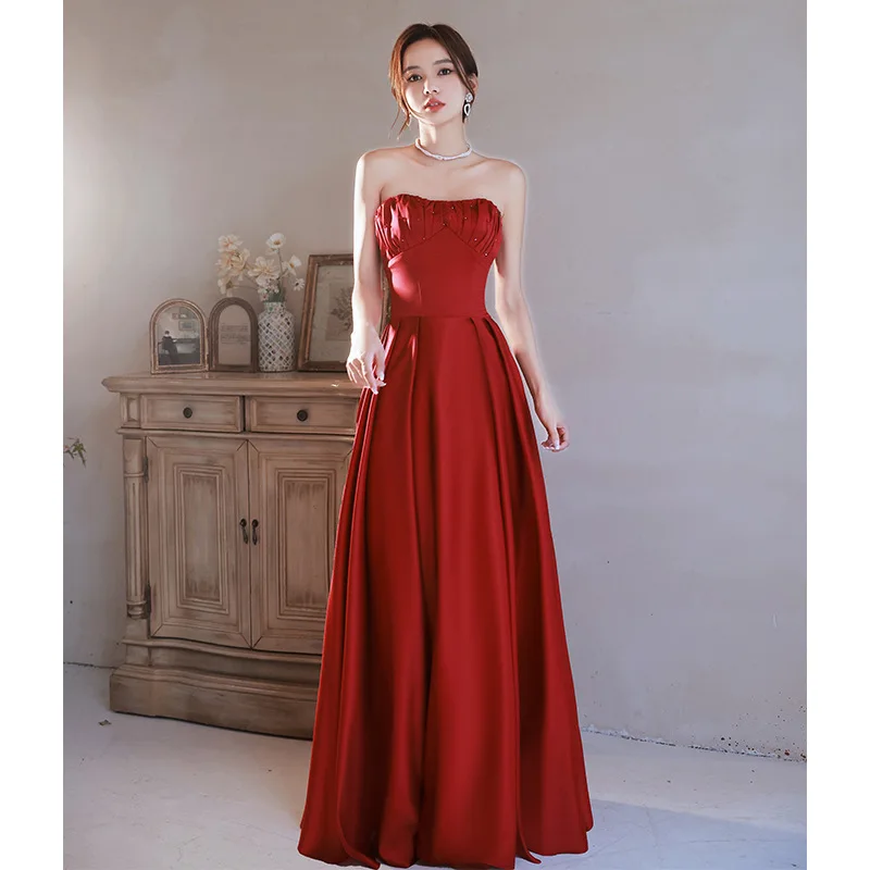 Wine Red Strapless Beading Satin Evening Dress Sexy Luxurious Pleated A-line Ball Gown 2024 New Elegant backless Women's Gown