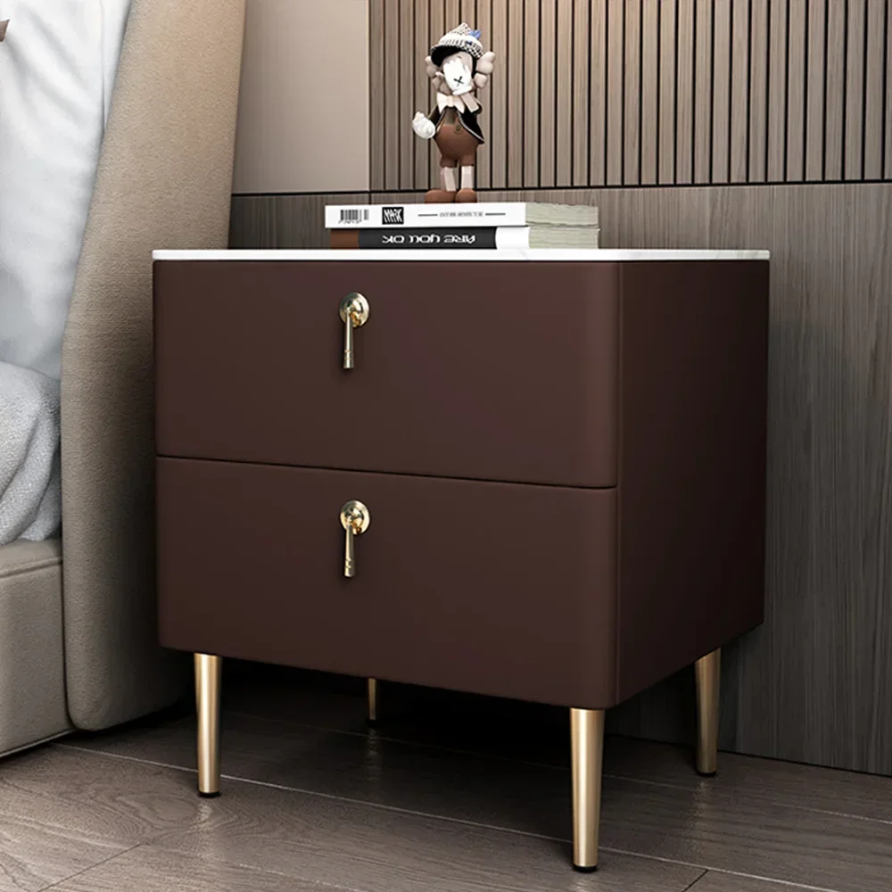 Modern Slate Top Bedside Table Solid Wood Night Stand 2 Drawers Bed Side Table