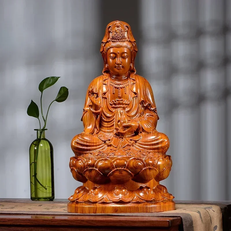 Guanyin Buddha Figure Wood Pear Carving Buddhism Buddha Statue Ornament Seated Lotus Guanyin Bodhisattva Home Decor