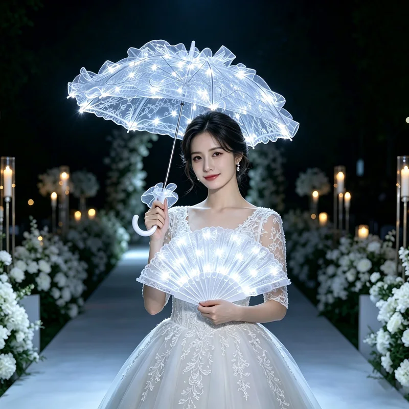 LED Fairy Light White Lace Parasol Vintage Bridal Decor Umbrella for Bridal Wedding Photoshoot Prop Lolita Cosplay Umbrella  ﻿
