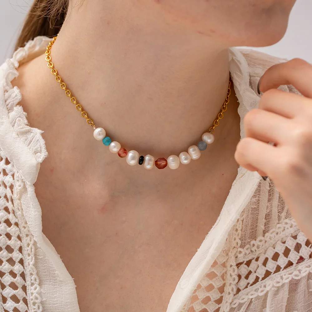 

Colored Natural Stone Pearls Bead Chain Necklace Stainless Steel Gold Color Stylish Jewelry 18K PVD Plated Waterproof