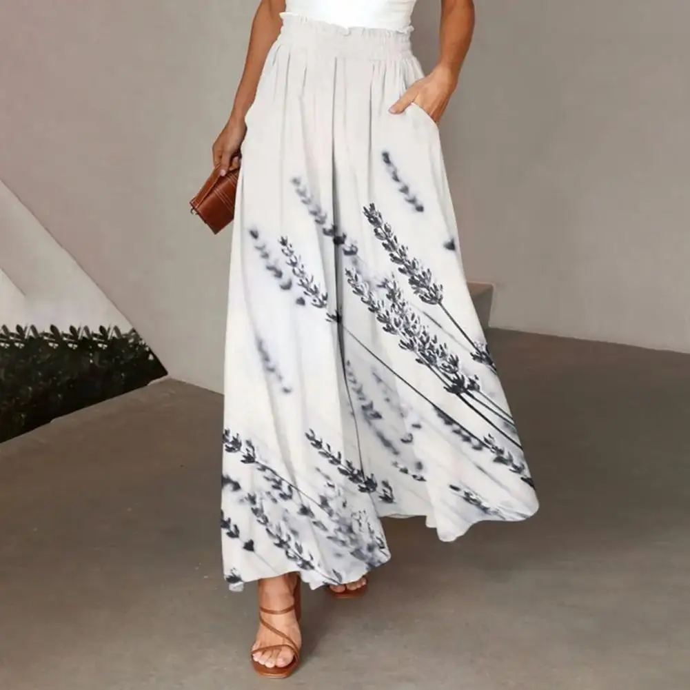 Women Wide-leg Pants Digital Print Pants Stylish Women's Elastic Waist Wide-leg Pants with Floral Digital Print for Summer