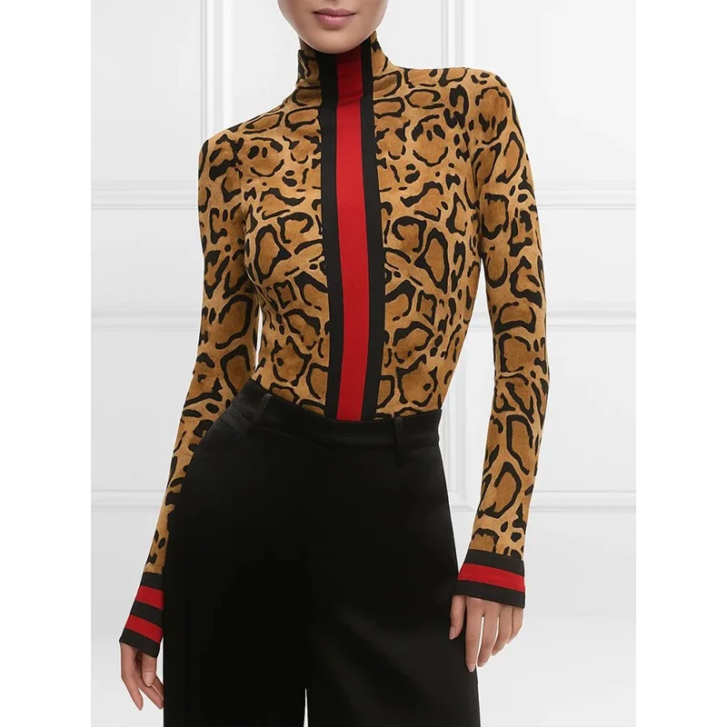 

Krisnanas Woman Clothes Leopard Print Tops 2025 Autumn Women's Clothing Spliced Striped Long Sleeve Turtleneck T-shirt 88690