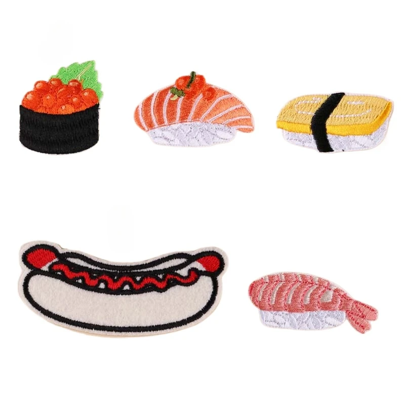 50pcs/Lot Cute Embroidery Patch Food Shrimp Hot Dog Sushi Foodie Shirt Bag Clothing Decoration Accessory Gift Craft Diy Applique