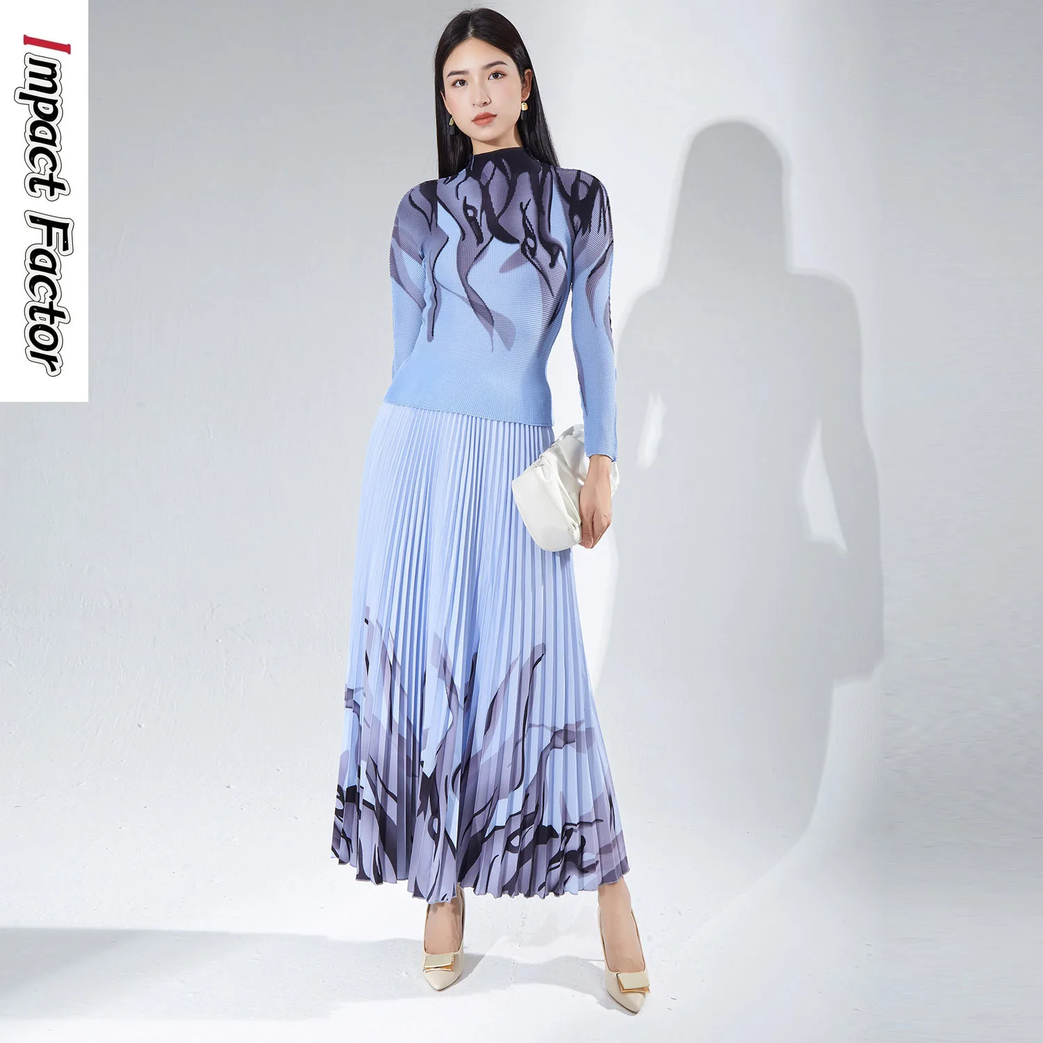 

Autumn Pleated Set, Women's Fashion Two-piece Set, Temperament, Half High Collar Printed Long Sleeved T-shirt, Top and Skirt