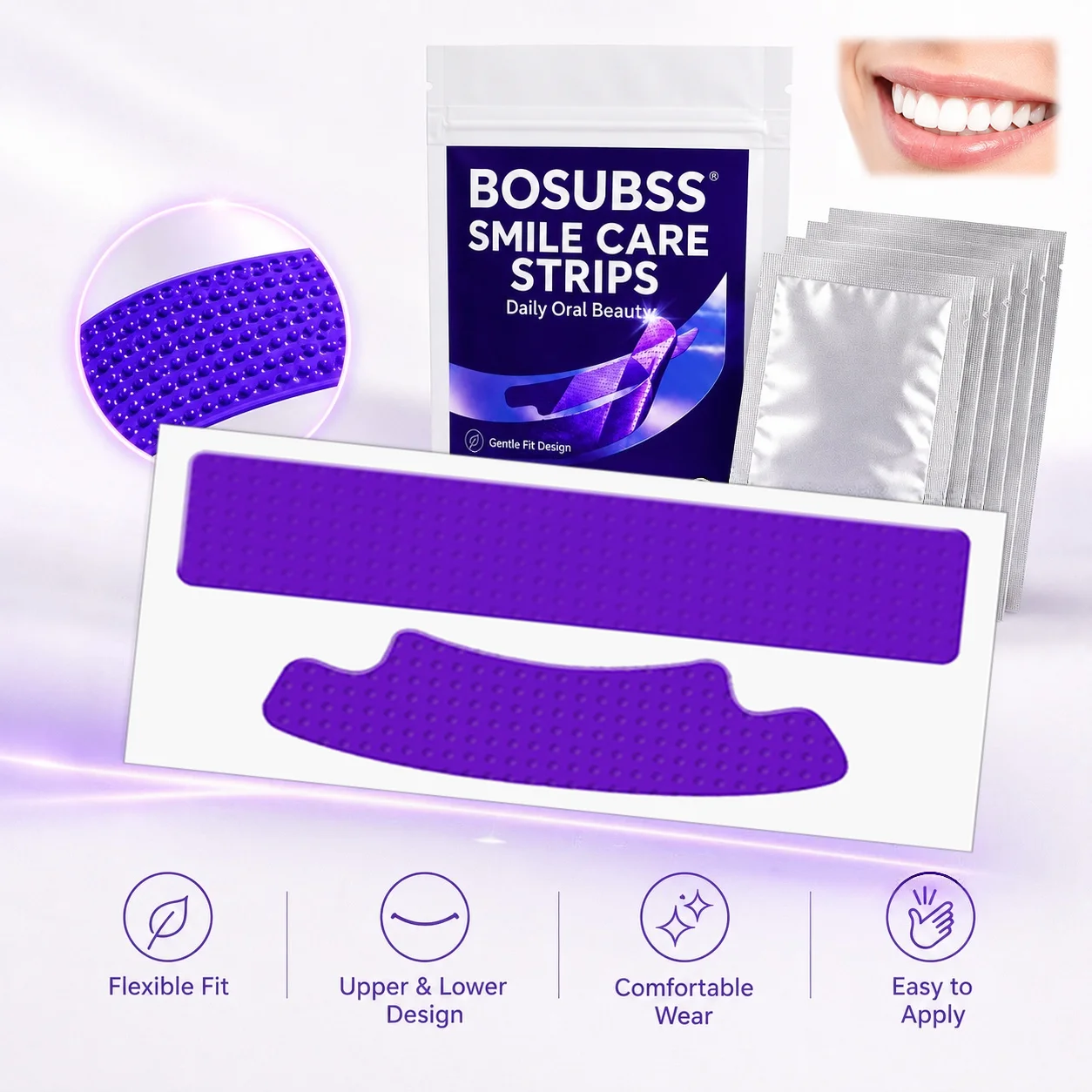2 PAARE/4 Stück Lila Smile Care Streifen, Tägliche Zahnpflege-Streifen für ein frisches Lächeln, sanfte Passform, einfache Anwendung zu Hause – Detail 4