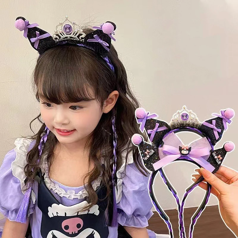 Children Kuromi Headband Girl Sanrio Braided Headband Baby Princess Headband Crown Ribbon Headband Hair Accessories