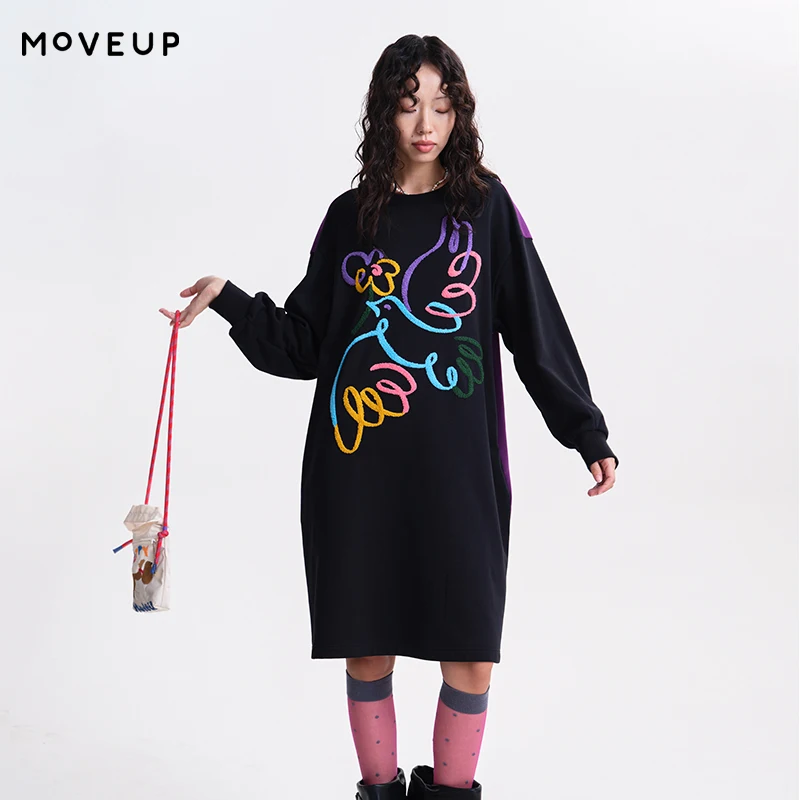 

MOVEUP Long Embroidered Sweatshirt Spring 2026 New Colorful Birds Pockets Color-Blocked Embroidery Casual Loose Fit 3ELC11406