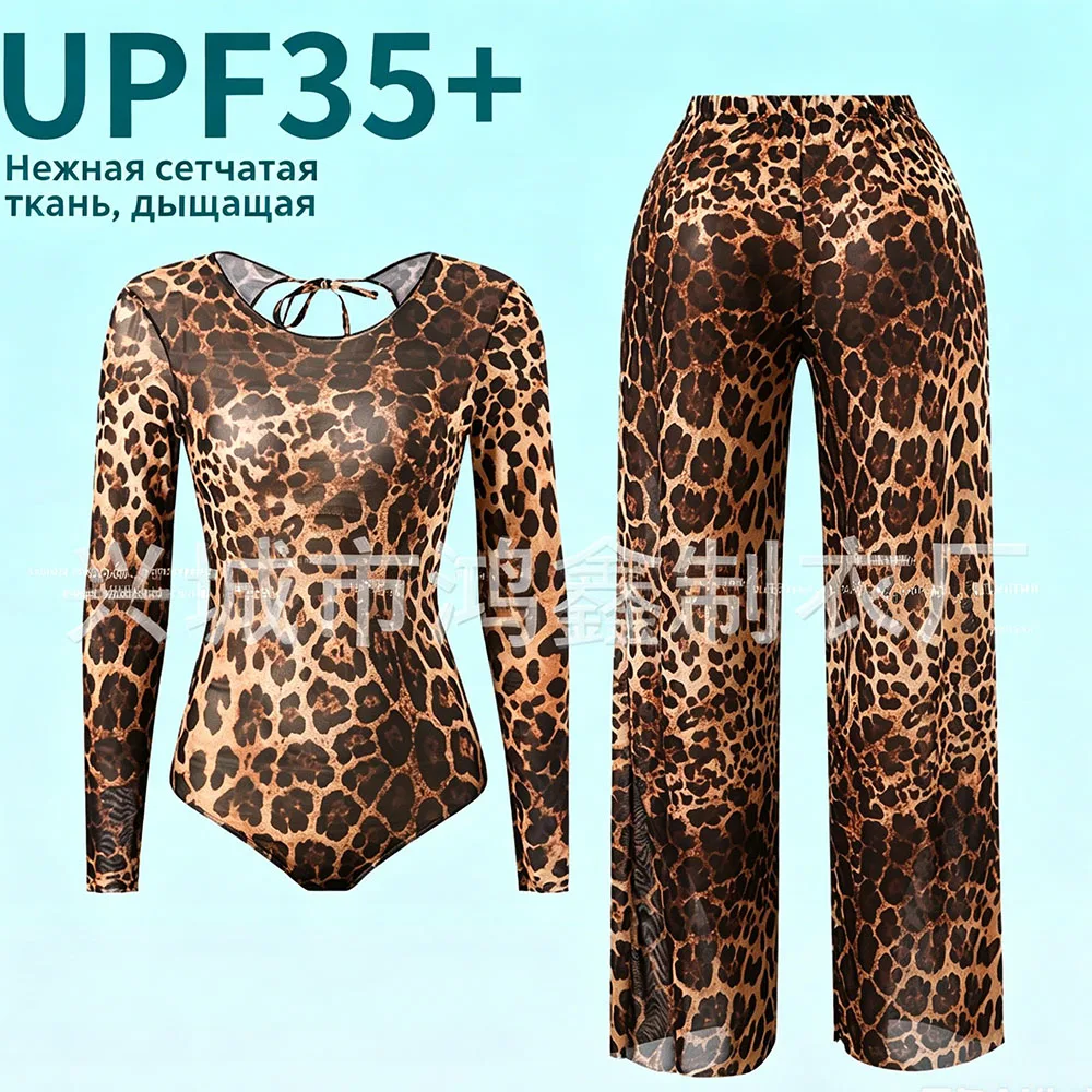 Leopard Print One-Piece Women's Swimsuit with Sun-Protective Mesh Long Sleeves And Long Pants 2026 New Arrival Swimsuit Set