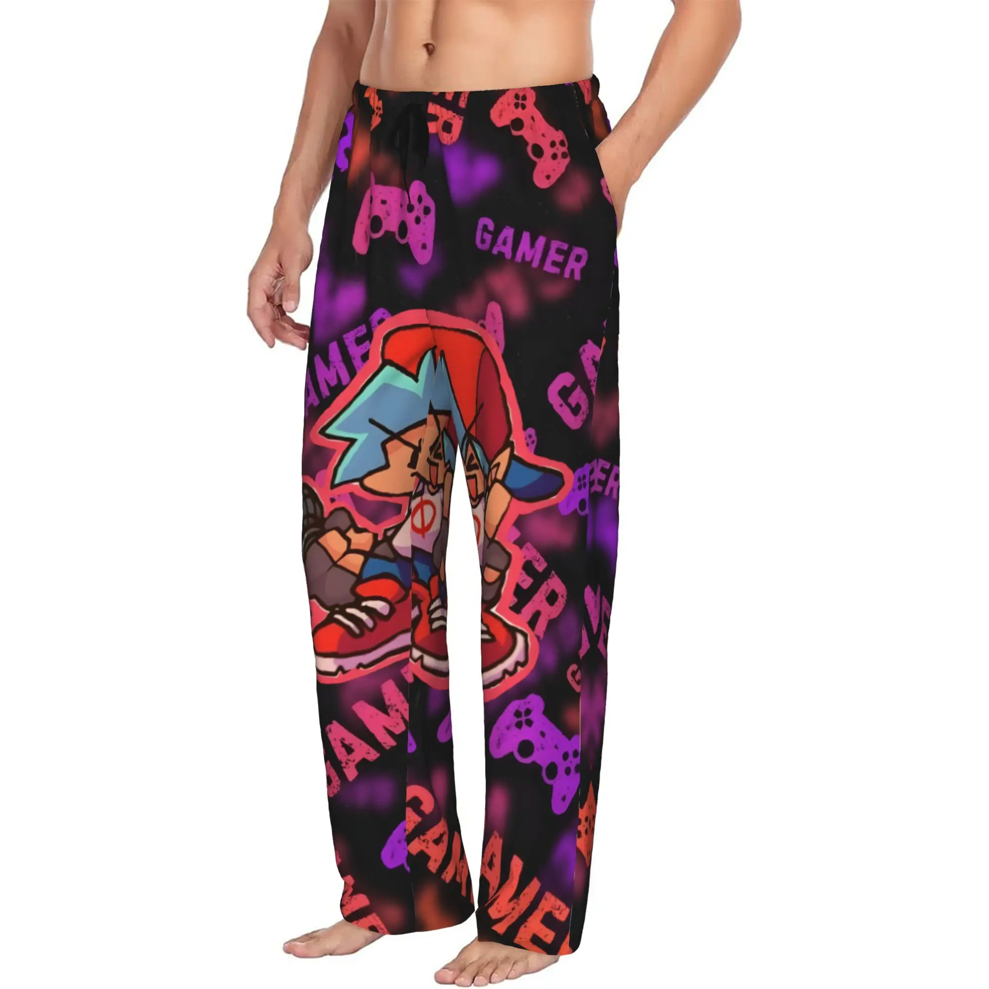 Custom Friday Night Funkin Pajama Pants for Men Music Game Lounge Sleep Drawstring Sleepwear Bottoms with Pockets