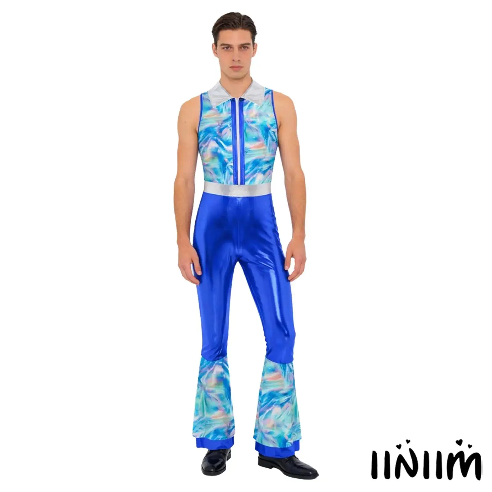 

Мужской острый массивный танцевальный комбинезон, металлический блестящий лоскутный комбинезон без рукавов, многоуровневые расклешенные длинные брюки, комбинезон для диско-джазовых танцев, наряд