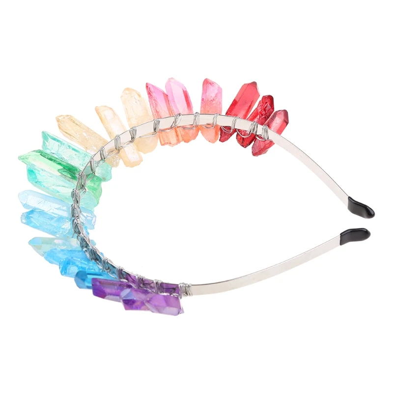 for Raw Crystal Headband Handmade Rainbow Colorful Stone Jewelry Hair Hoop Bohemian Wedding Party Headpiece