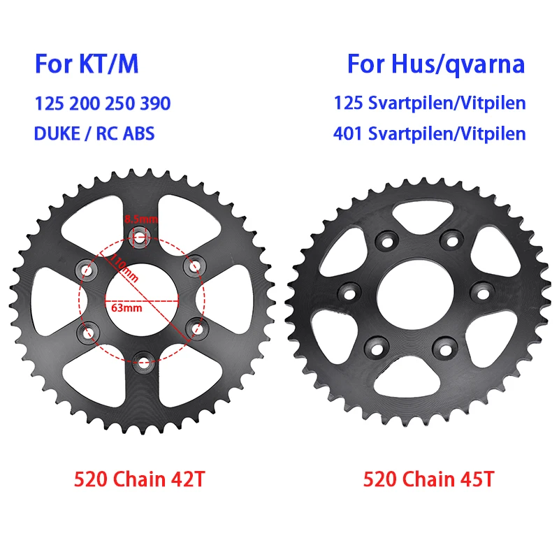 

520 Chain 42T 45T Rear Sprocket For KT/M 125 200 250 390 DUKE RC R ABS Adventure For Hus/qvarna 125 401 Svartpilen Vitpilen