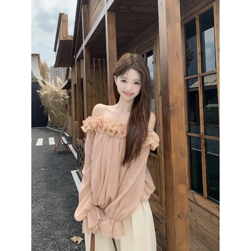 Fashionable and Gentle Style Retro Rolled Edge Slanted Shoulder Long-sleeved Shirt for Women Autumn Loose Off-shoulder Top