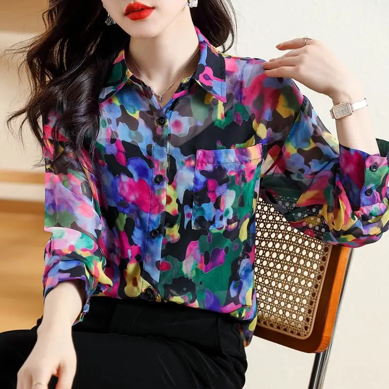 Female Clothing Camouflage Printed Blouse Stylish Contrasting Colors Spring Autumn Pockets Spliced Casual Single-breasted Shirt