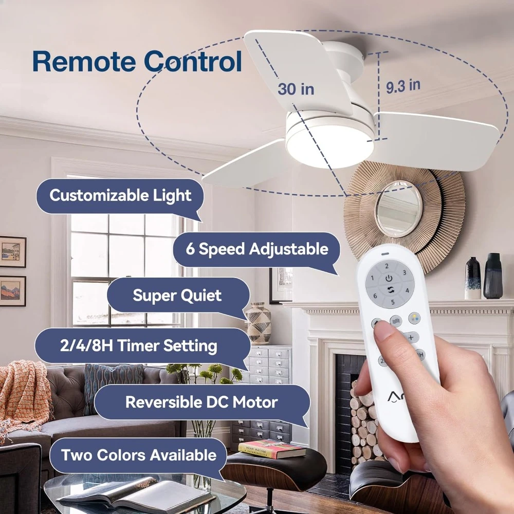 Ceiling Fans with Lights, 30 inch Low Profile Ceiling Fan with Light and Remote Control, Flush Mount, Reversible, for 3CCT