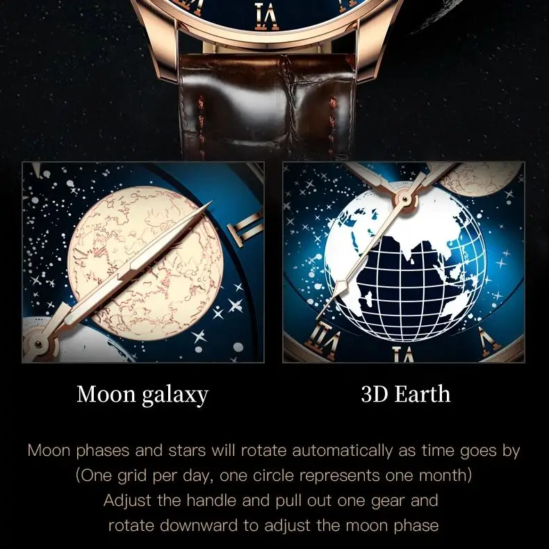 OUPINKE 3177 แบรนด์หรูผู้ชายอัตโนมัตินาฬิกา Moon Phase Starry Sky Dial HD Night Light นาฬิกากันน้ําผู้ชาย