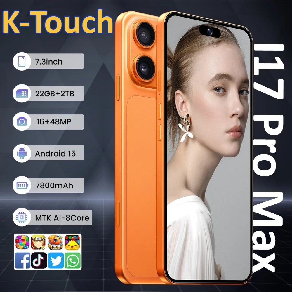 Téléphones mobiles K-Touch I17 Pro Max, smartphone Android 15 de 7,3 pouces, téléphone portable 22G+2TB, appareil photo 16+48MP, 5G, double carte, double veille, 7800mAh, déverrouillage par reconnaissance faciale