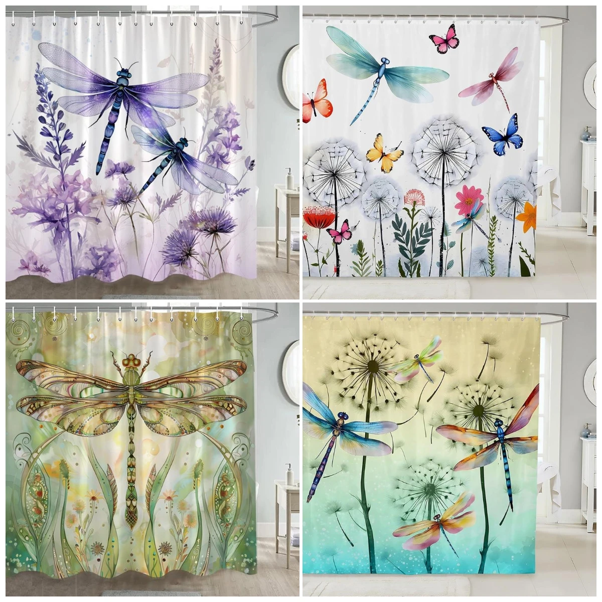 Floral Dragonfly Shower Curtains Butterfly Dandelion Purple Flowers Watercolour Art Polyester Bathroom Curtain Decor With Hooks