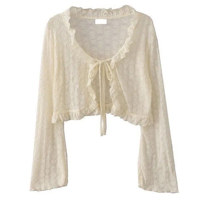 

Summer New Korean Style Gentle Wind Ruffled Thin Bell Sleeve Lace Short Tie Cardigan Jacket for Women