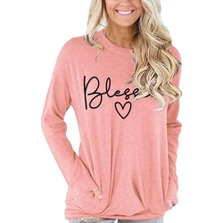 Long Sleeve Blessed Heart Print Top Women Letter Design Casual Girls Long-sleeved T-shirt Blessed Fashion Casual Fall Clothes