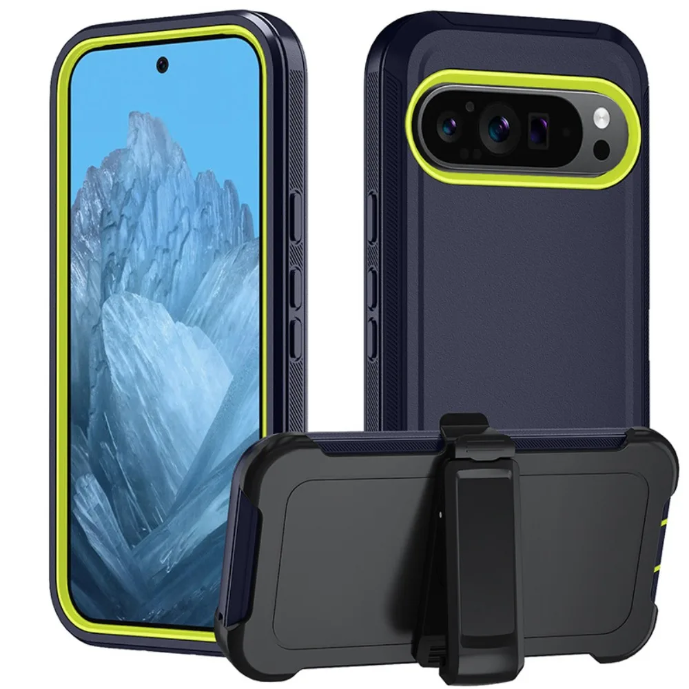 Robuuste beschermhoes met schokbestendige eigenschappen voor Google Pixel 10 9 8 Pro XL 10A 9A 8A, 3-laags hybride TPU+PC beschermhoes met riemclip