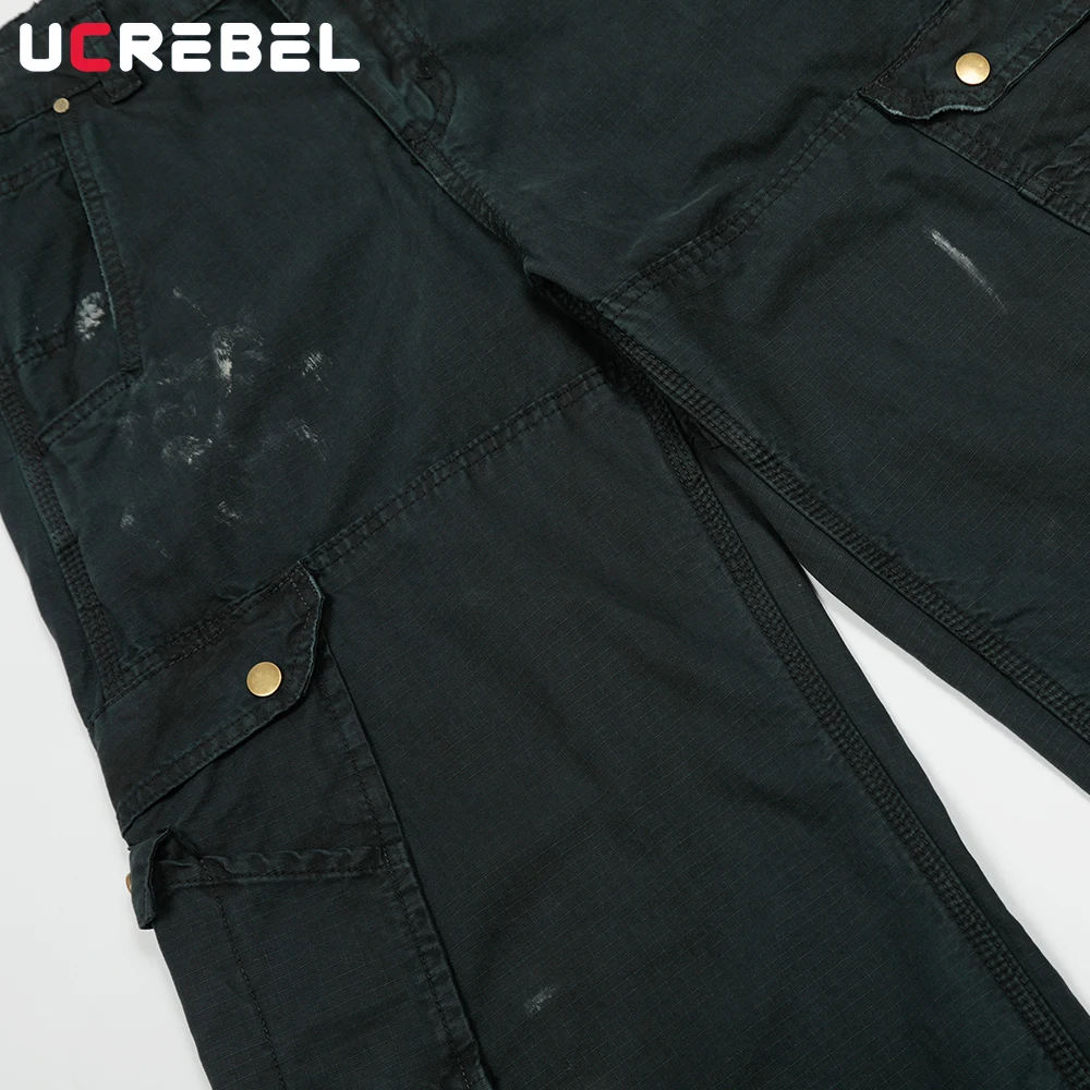 Celana Kargo Tinta Percikan Retro Celana Kaki Lebar Kaki Lurus Longgar Banyak Saku High Street Pria Celana Panjang Pria
