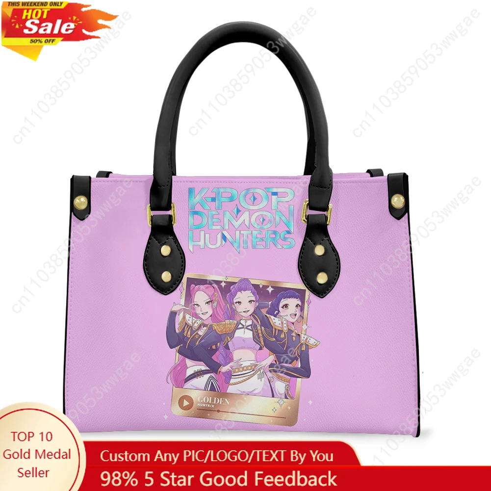 

KPop Demon Hunters Tote Bags Purse Women Man Personalized Text Image PU Leather Customized Handbags Commuter Shopping Gift Bags