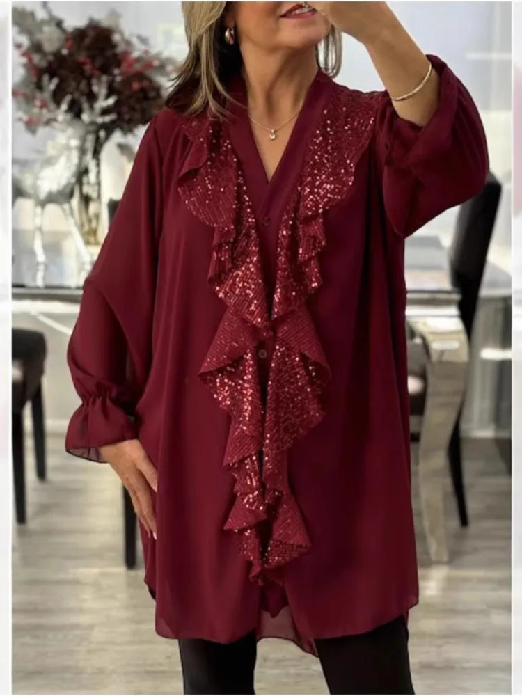 

Women Elegant Sequin Chiffon Shirt Fashion Ruffles V Neck Loose Long Blouses And Top Spring Casual Full Sleeve Women's Shirts