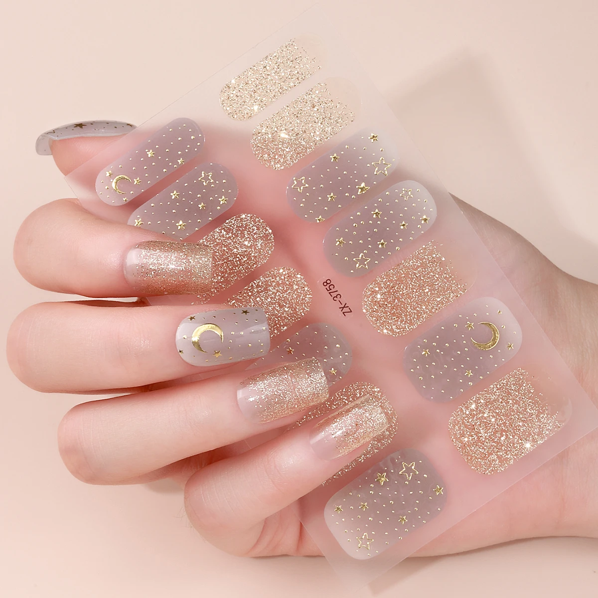 

14Tips DIY Baking-Free Nail Stickers Sparkling Star Moon Self-Adhesive Nail Strips Patch Slider Full Cover Nail Decoration Decal