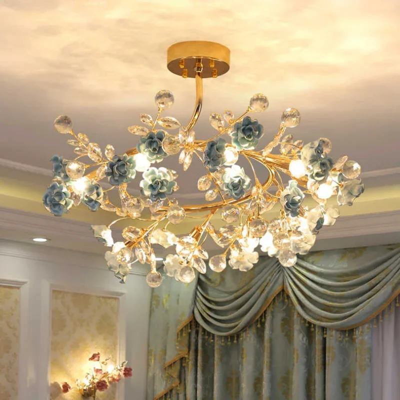 Ceramic crystal ceiling lamp European-style living room flower chandelier decorative lighting modern light luxury lamps