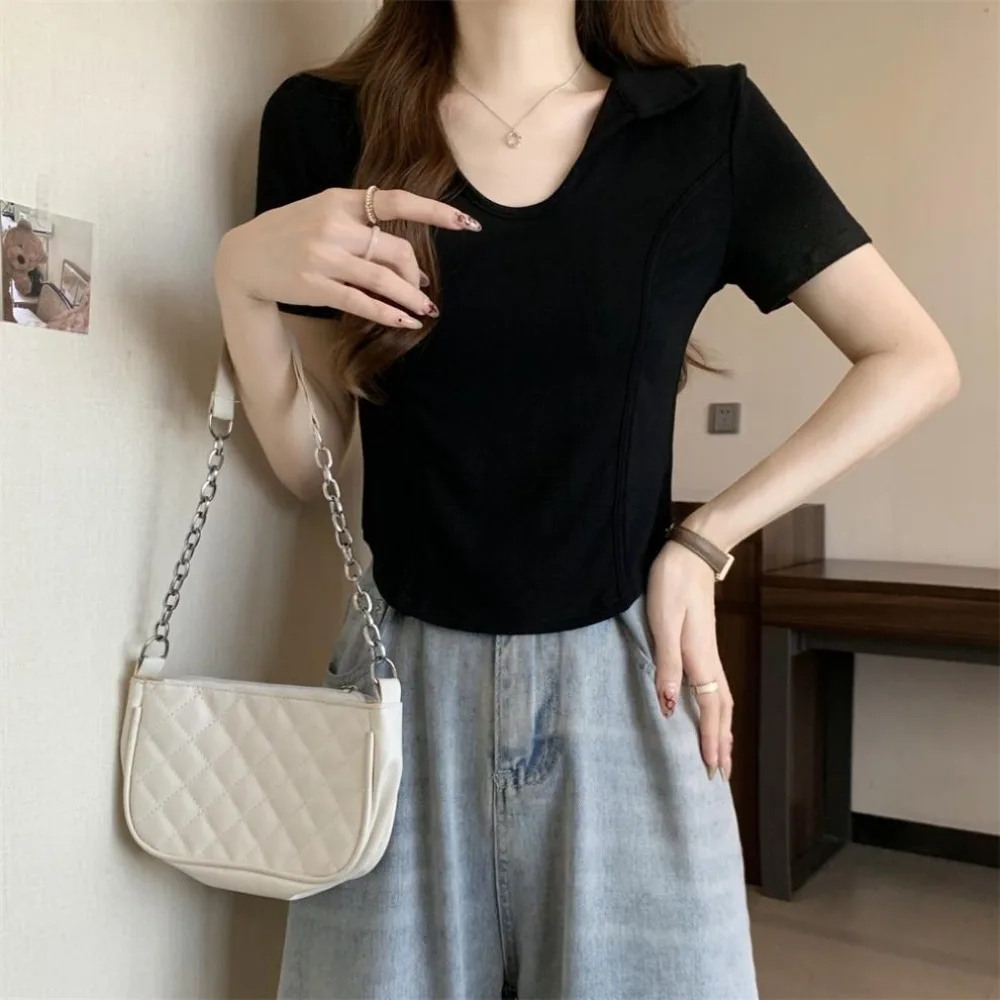 بسيط الخامس الرقبة قصيرة الأكمام تي شيرت سليم صالح كل مباراة Y2k المحاصيل القمم المرأة عظم السمك البلوز بولو الرقبة البلوزات الإناث