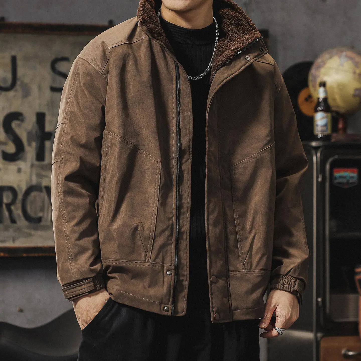 

Men's Thiened Warmth Lamb Velvet Jaet Dyed Zipper Closure Casual Long Sve Coat Polyester Fiber Filled Cleanfit Sle