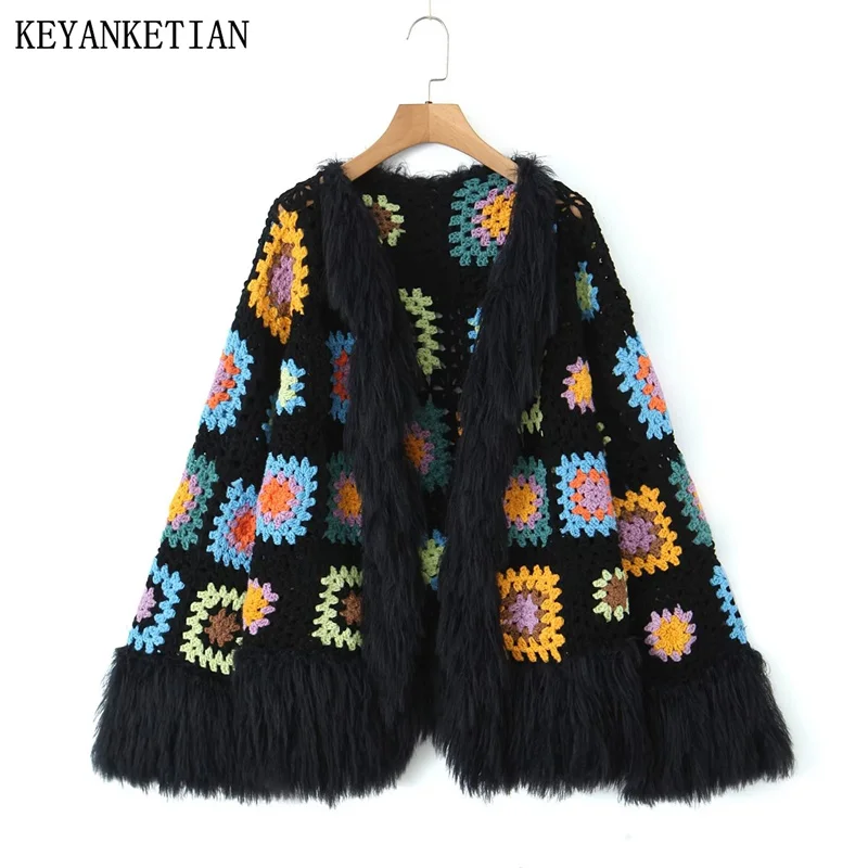 KEYANKETIAN Autumn/Winter New Women\'s Tassel Decoration Contrast Color Geometric Knit Cardigan Boho Holiday wind Padded Sweater