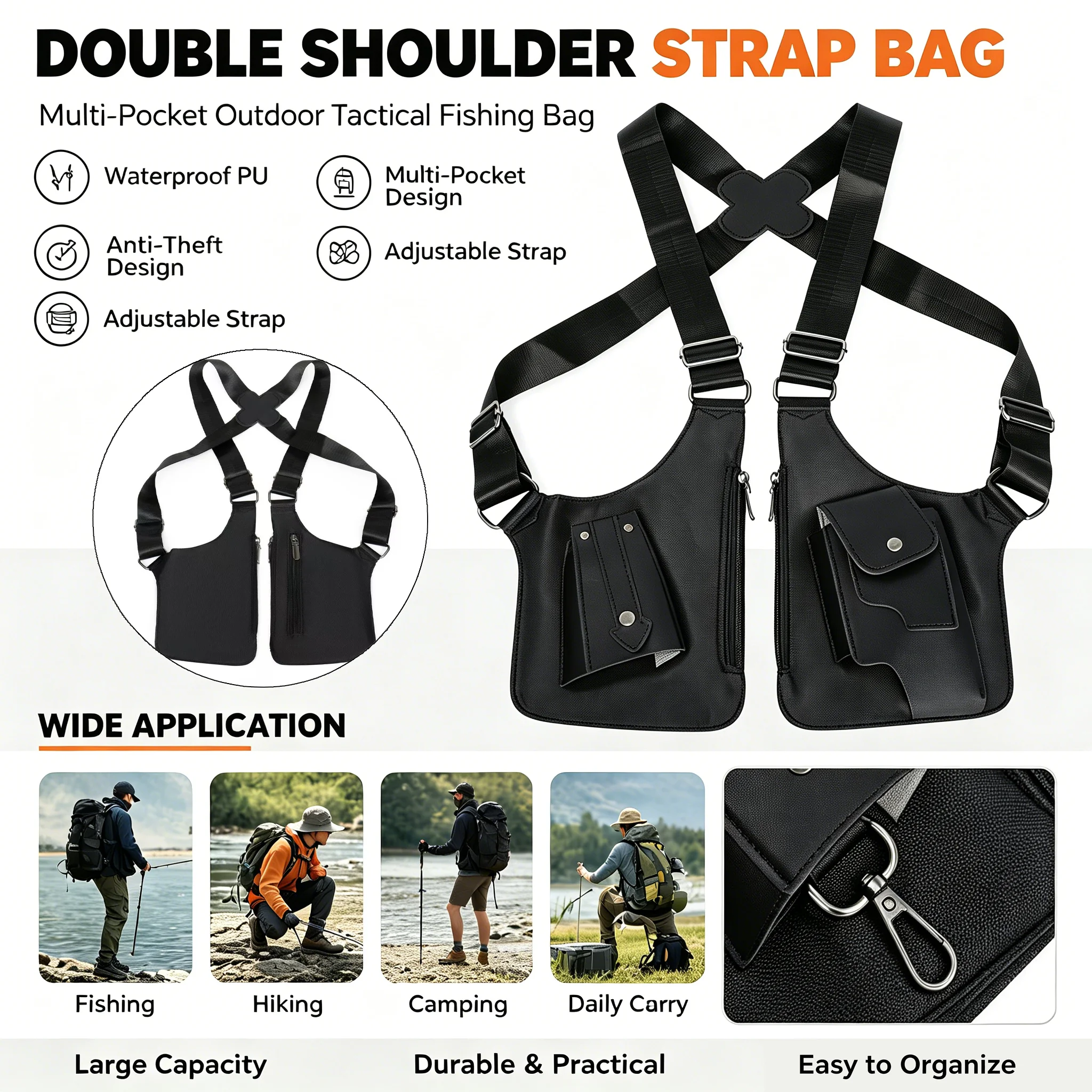 

Double Shoulder Strap Multi-Pocket Outdoor Anti-Theft Tactical Fishing Bag Waterproof PU Multi-Purpose Men's Crossbody Bags