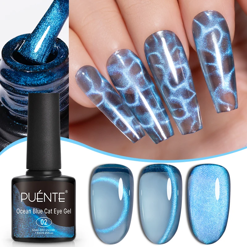 PUENTE 7.5ML Ocean Blue Cat Eye Gel Nail Polish With Magnet, High Glossy,Vibrant Blue Magnetic Cat Eye Nail Gel, Long-Lasting, Easy Application, Soak Off UV/LED Lamp Curable Semi-Permanent Varnish for Home & Salon Manicure gallery 3