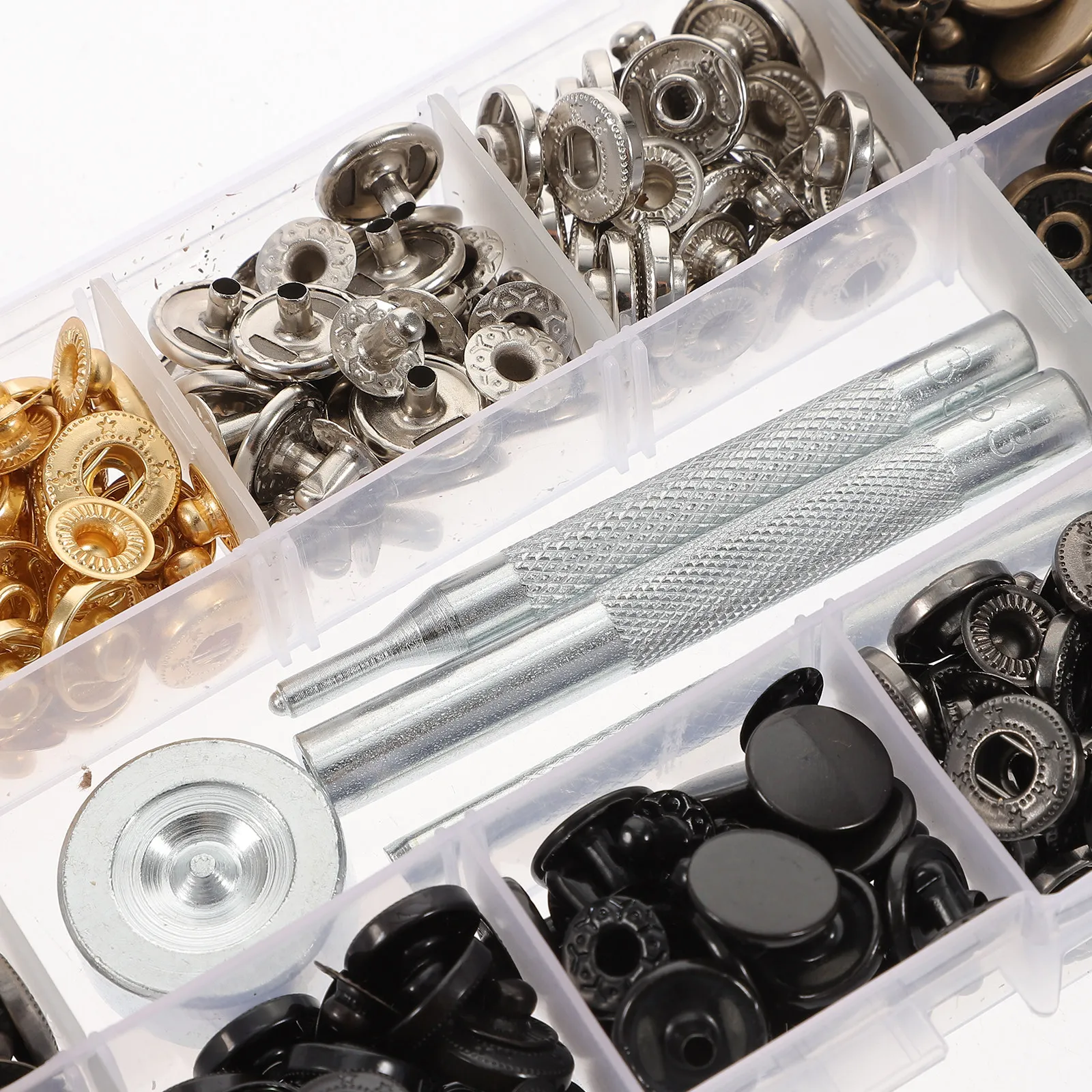 

1Set Snap Button Kit Metal Snap Fasteners for Clothes Jackets Bags DIY Craft Tool Storage Box Included